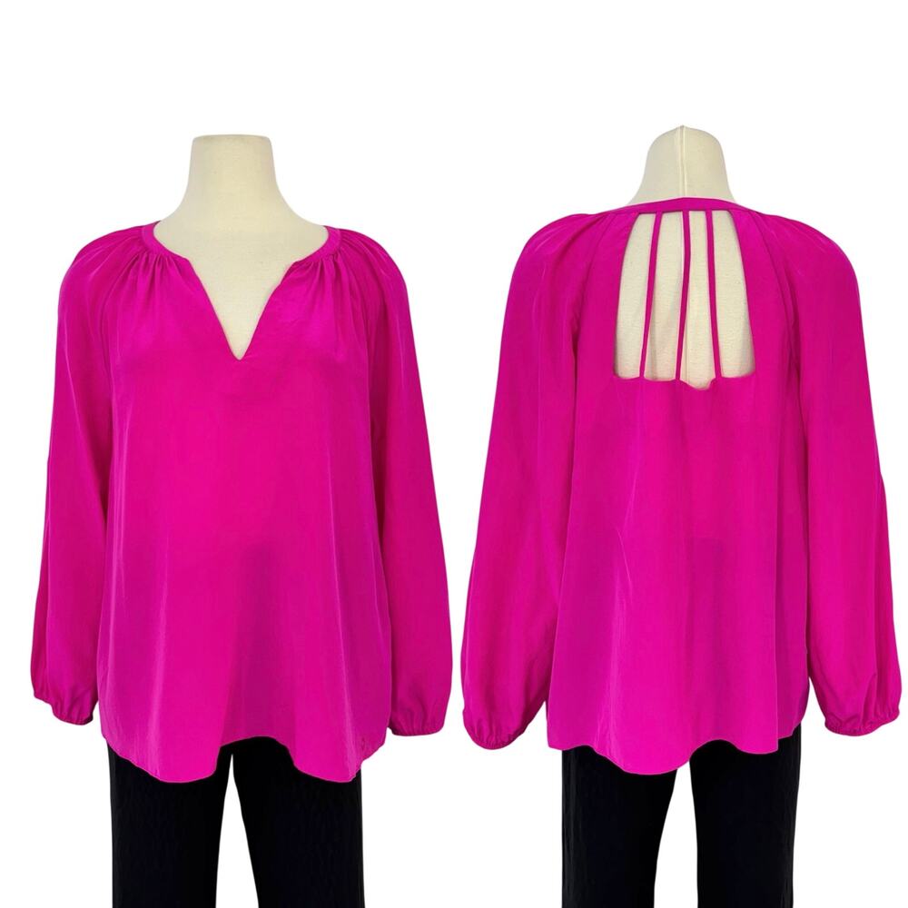 Lilly Pulitzer Leslie Silk Top Blouse Raz Berry Hot Pink Strappy Cutout Back L